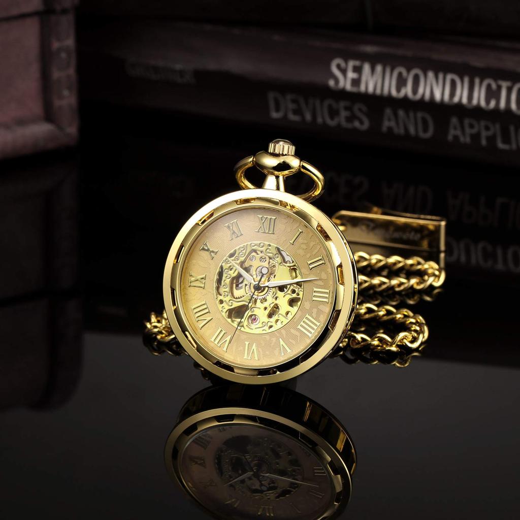 TREEWETO Antique Mechanical Skeleton Pocket Watch with Chain Hand-wound Men's (Gold)
