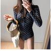 Womens Long Sleeve Rash Guard Swimsuit With Polka Dot Print Tummy Control Fit Built-in Pad UPF Protection