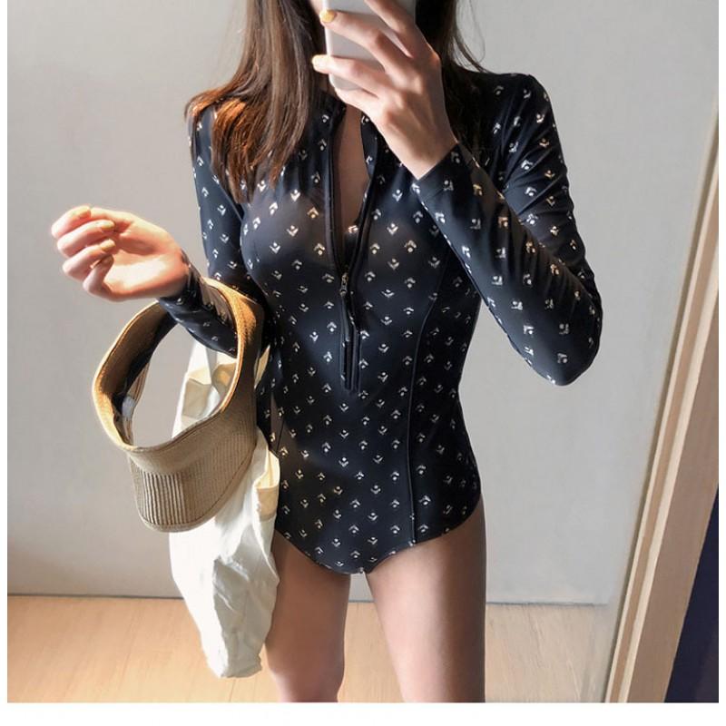 Womens Long Sleeve Rash Guard Swimsuit With Polka Dot Print Tummy Control Fit Built-in Pad UPF Protection