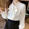 Spring Autumn New Solid Color Lace Up Shirt Commute Office Lady Fashion Ruched Long Sleeve Scarf Collar Button Chiffon Blouse