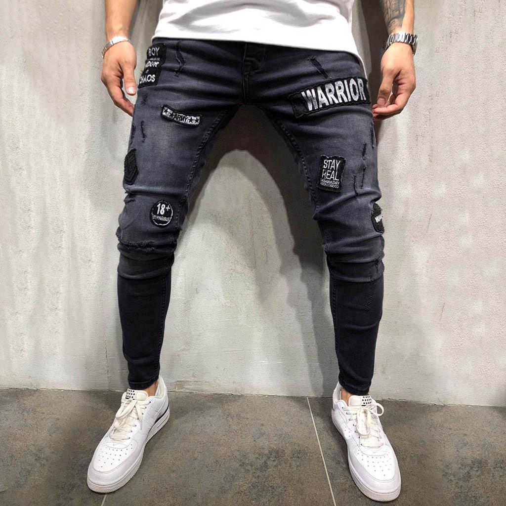 Spring And Autumn New Men's Tight Black Hole Badge Pasted Small Leg Jeans