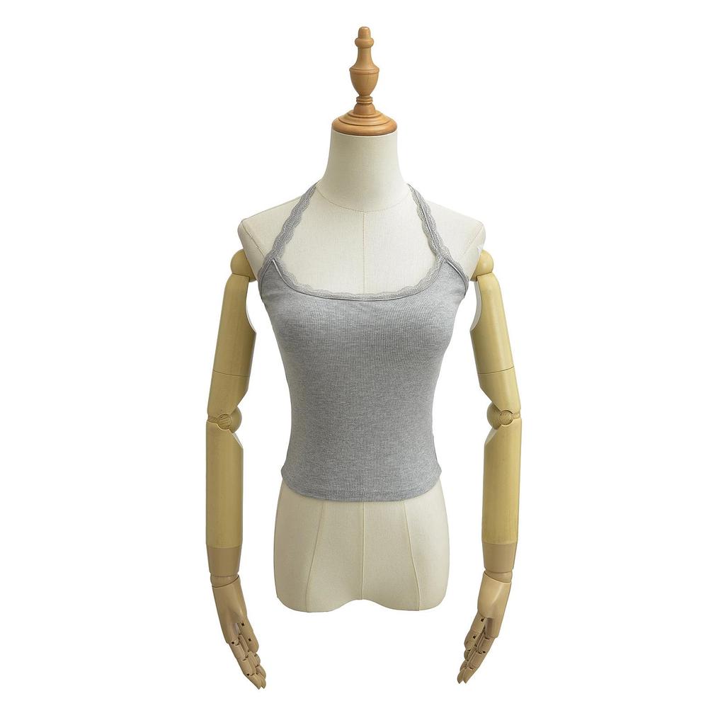 Women's Summer 2024 Backless Slim-Fit Halter Top with Bra Pads & Lace Trim