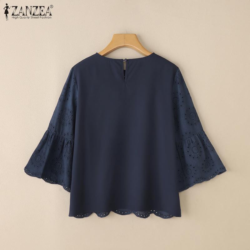 ZANZEA Женская повседневная блузка с круглым вырезом и рукавом 3/4, свободная кружевная блузка в стиле пэчворк