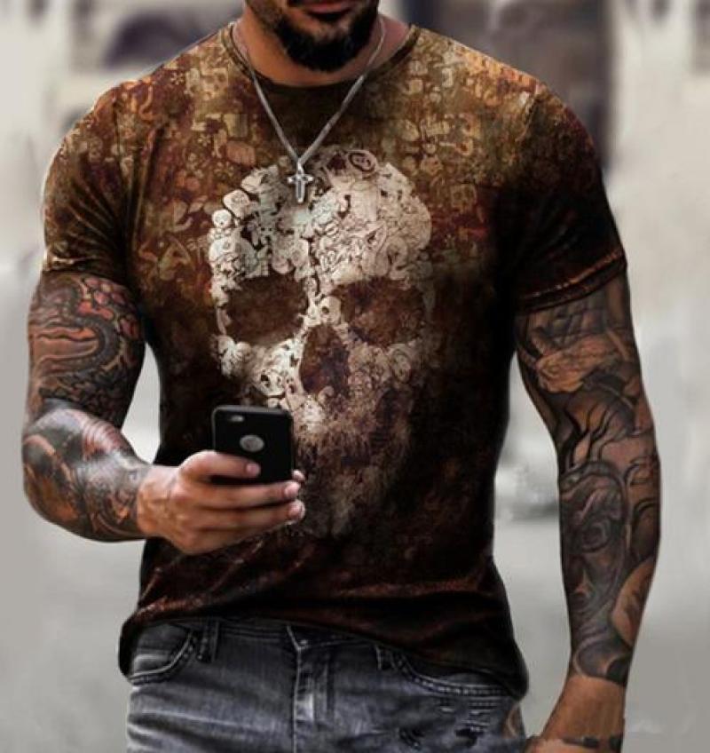 Мужская футболка в уличном стиле, негабаритная футболка с 3D принтом черепа, с коротким рукавом, летняя модная футболка с черепом, повседневная мужская футболка с разнообразным принтом