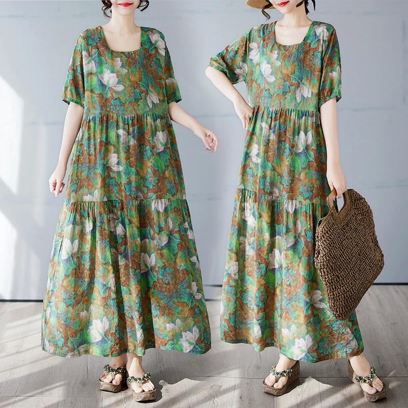 Dimanaf 2025 Summer Women Plus Size Dress Vintage Printing Flower Casual Loose Long Holiday Dress New Oversized