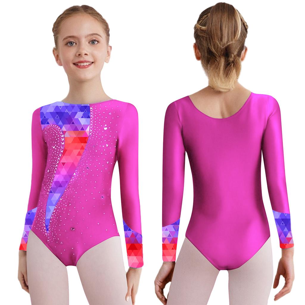 Girls Dance Leotard Long Sleeve Rhinestone Patchwork Jumpsuit for Gymnastics Training Performance