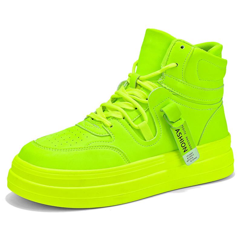 Men's High-Top Sneakers - New Autumn Styles, Height-Enhancing Thick Soles, Fashionable Fluorescent Green, Trendy Hong Kong Style.