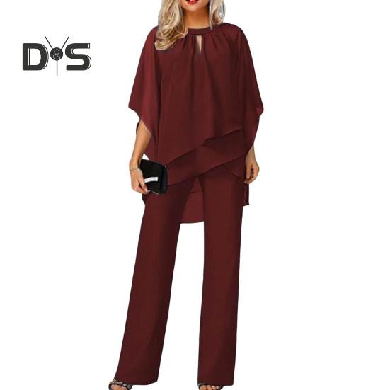 Комплект из 2 шт./компл., женский топ и брюки, комплект с открытыми рукавами и круглым вырезом, нерегулярный многослойный топ с широкими штанинами, однотонные брюки OL, повседневная одежда для поездок на работу