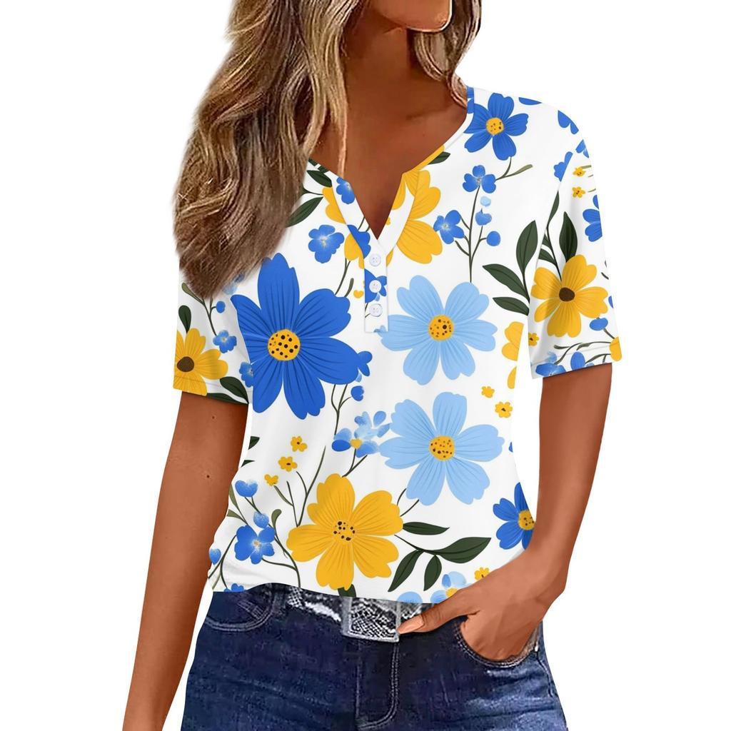 Women's Fashion Casual Vintage Floral Print V-Neck Short Sleeve Decorative Button T-Shirt Tops