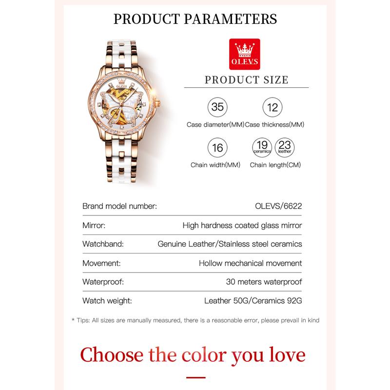 OLEVS 6622 с подарочной коробкой Часы Кожаные часы с водонепроницаемыми автоматическими механическими часами Женские часы