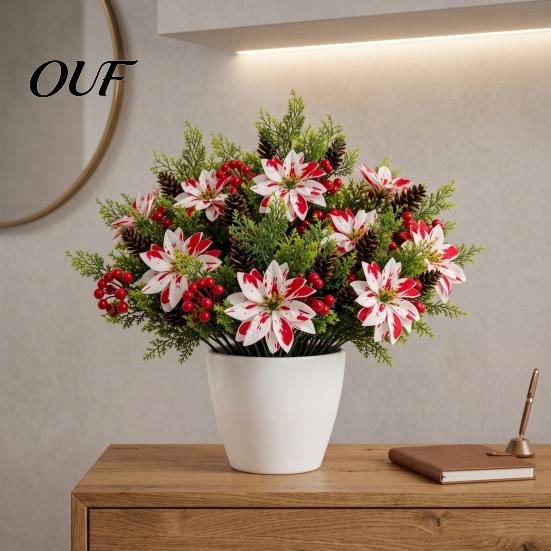 Lifelike Flower Stems 5 Heads Artificial Poinsettia Flowers, Christmas Fake Pine Berry Decoration, Home Interior Floral Accents Fade-Resistant Red And