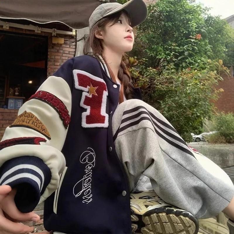 Unisex Vintage Baseball Jacket Casual Oversized Embroidered Letter Print Hoodie Style Coat