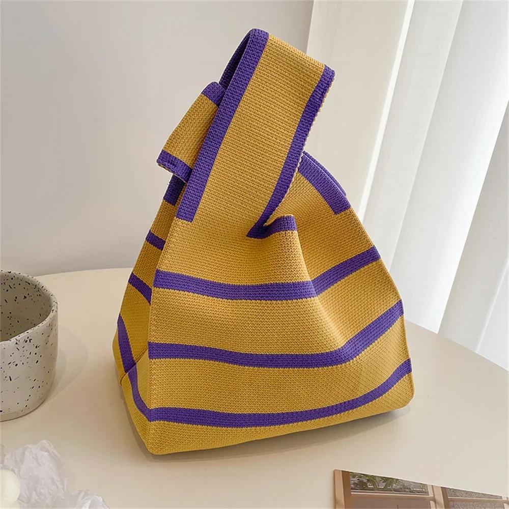 Stripe Handmade Knitted Women Shoulder Bags Casual Portable Ladies Small Handbags Shopper Student Reusable Girls Tote Wrist Bag