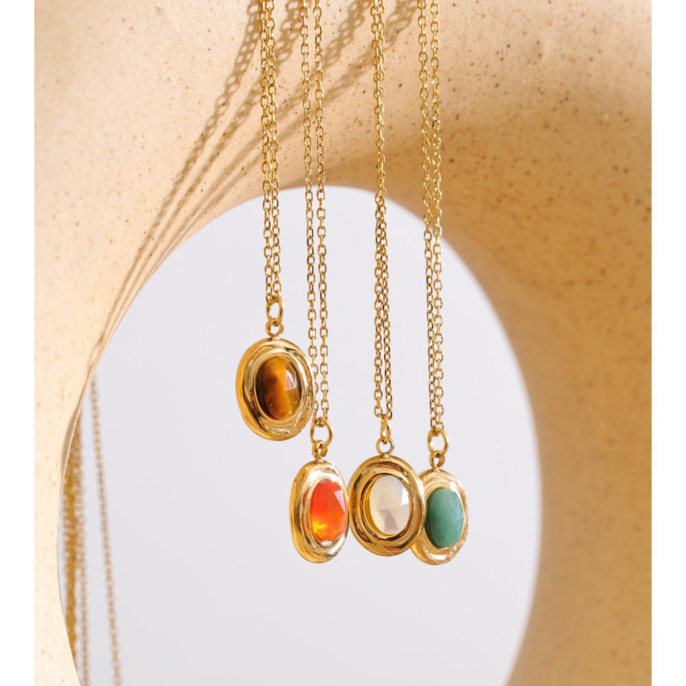 Yhpup France High Quality Natural Stone Agate Tiger Chic Pendant Necklace Earrings for Women Stainless Steel Dainty Jewelry