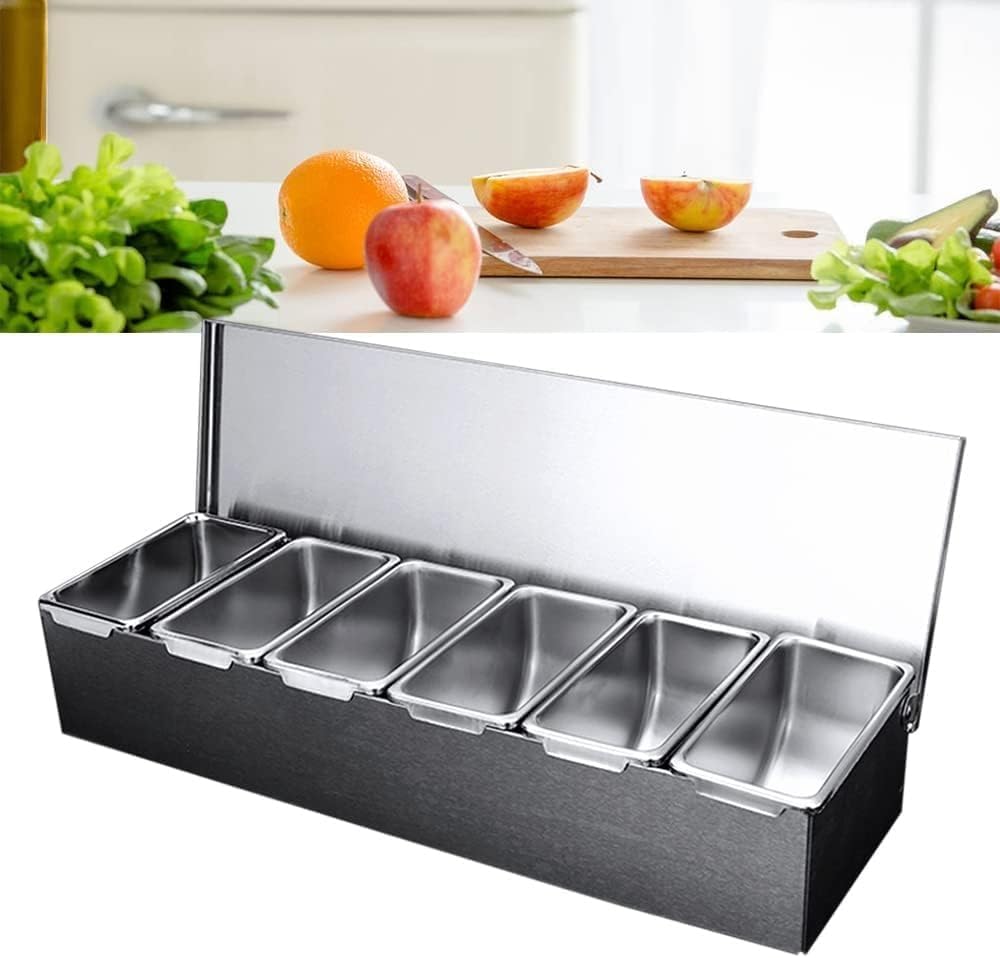 Stainless Steel Detachable Topping Station with Lid Pizza Ingredients Condiment Dispenser Reusable Ice Cooled Condiment Seasoning Container 6 Compart