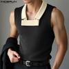 Men Patchwork Lapel Sleeveless Casual Ribbed Tank Tops