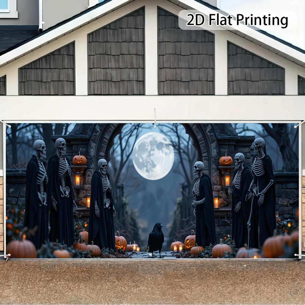 1pc Large Halloween Garage Door Banner - Ghost Skull, Pumpkin Lantern, and Full Moon Background Decoration