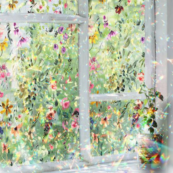 Yousheng Радужная оконная пленка Витражный стиль Цветочные статические наклейки Без клея Многоразовые оконные наклейки для гостиной, спальни, кухни, ванной комнаты