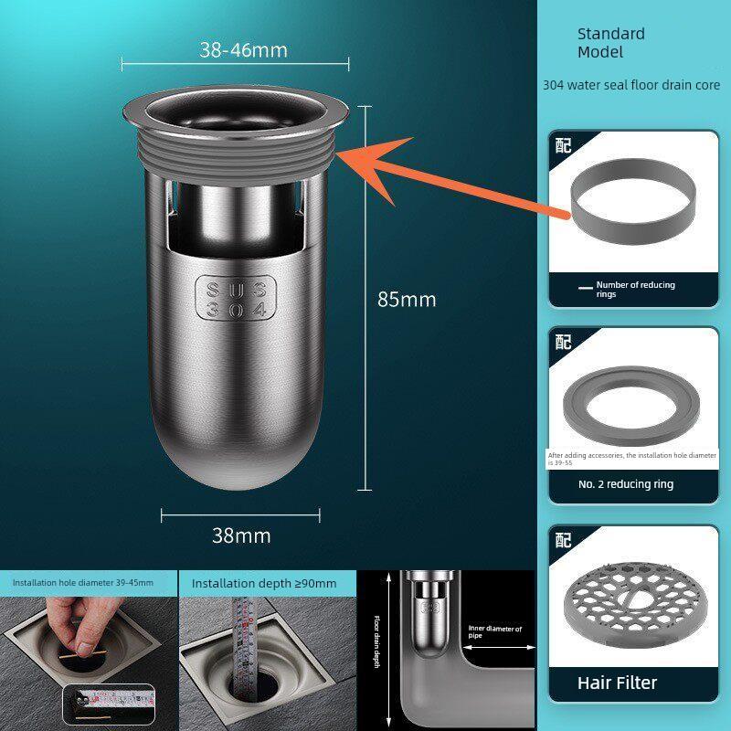 German Anti-Odor Drain Device for Bathroom Sewer, Anti-Odor and Anti-Insect Silicone Cover, Stainless Steel Universal Inner Core