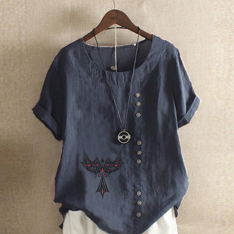 Women's Fashion Pattern Print Short Sleeve T-shirt Loose Cotton Shirt Casual Loose Summer Blouse Tops Plus Size