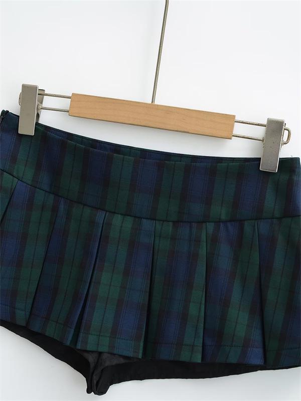 Women's Green Plaid Retro Pleated Mini Skirt, Low-Waist, Slimming, Anti-Exposure, Petite Fit