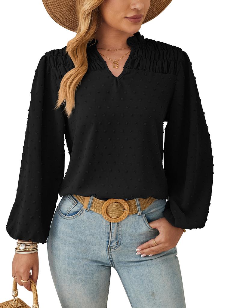 Весенне-осенняя женская плиссированная жаккардовая рубашка с длинным рукавом с v-образным вырезом