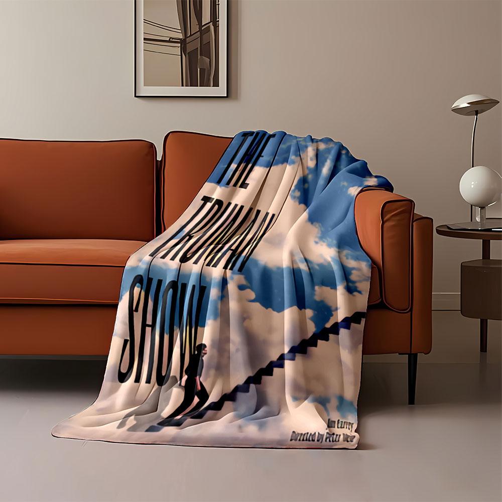 A man ascends stairs against a cloud-filled sky with bold text overlay. for all seasons blanket lunch break throw gift