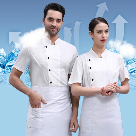 Unisex Chef Shirt Kitchen Single-breasted Short Sleeve Stand Collar Stain-resistant Loose Kitchen Bakery Restaurant Canteen Waiter Top Cook Uniform