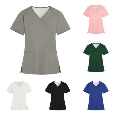 Женская мода однотонная рабочая одежда с v-образным вырезом и короткими рукавами с карманами, топы
