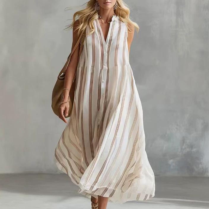 Европейское и американское новое длинное платье Бохо элегантное полосатое без рукавов с V-образным вырезом женское