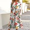 Summer Women Dress Round Neck Floral Print A-line Loose Hem Side Pockets Short Sleeves Mid-calf Length Vacation Daily Lady Midi Dress