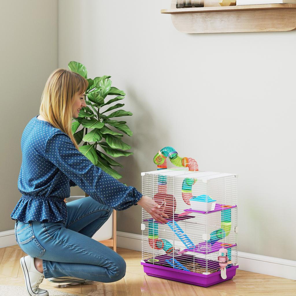 5-Level Hamster Cage with Tunnels, Wheel, Feeder, House, Purple, 46 x 30 x 58 cm