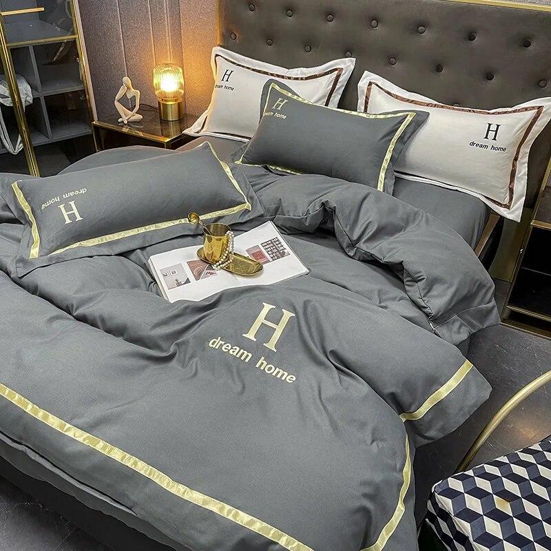 4 Pcs Light Luxury Polyester Cotton Sheets for Bed Solid Colour Full Queen King Size Bed Comforter Set with Duvet Cover