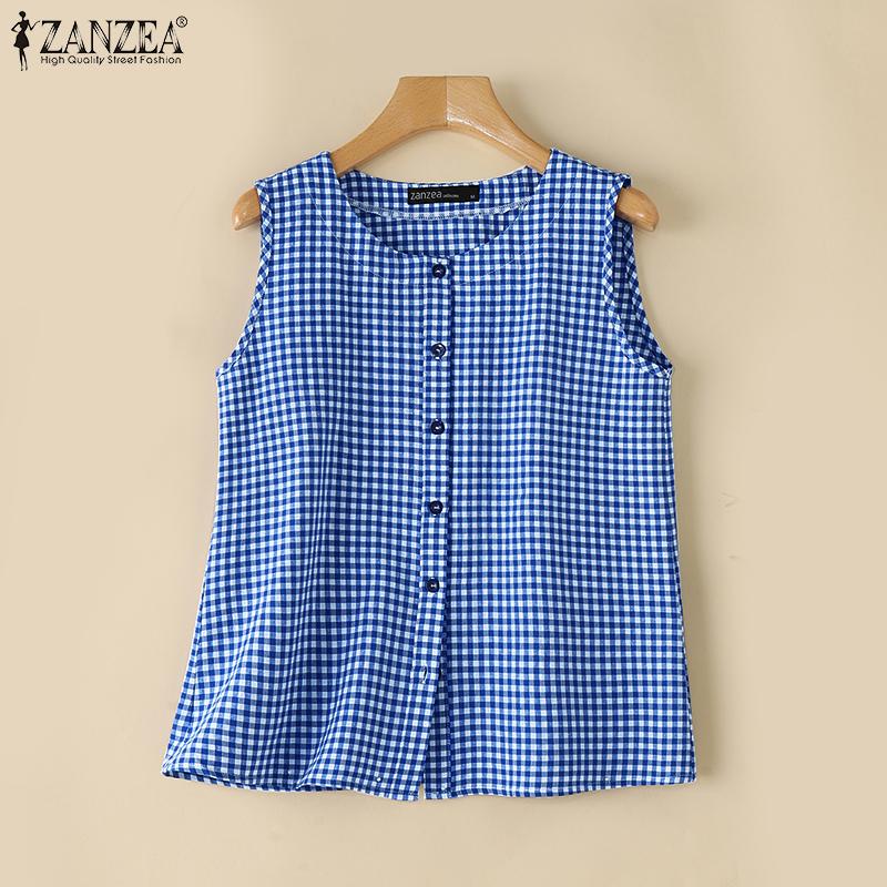 ZANZEA Женские летние рубашки без рукавов с круглым вырезом в контрастную клетку