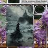 2D Flat Gothic Sea Witch and Stormy Castle Vintage Metal Sign‑8.0x12.0inch Aluminum Wall Art, Halloween Farmhouse Porch Decor, Pre‑Drilled Holes