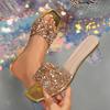 Fashion Shiny Sequins Women High Heels Sandals 2025 New Square Toe Transparent Heeled Sandals Woman Summer Fashion Glitter Shoes Women