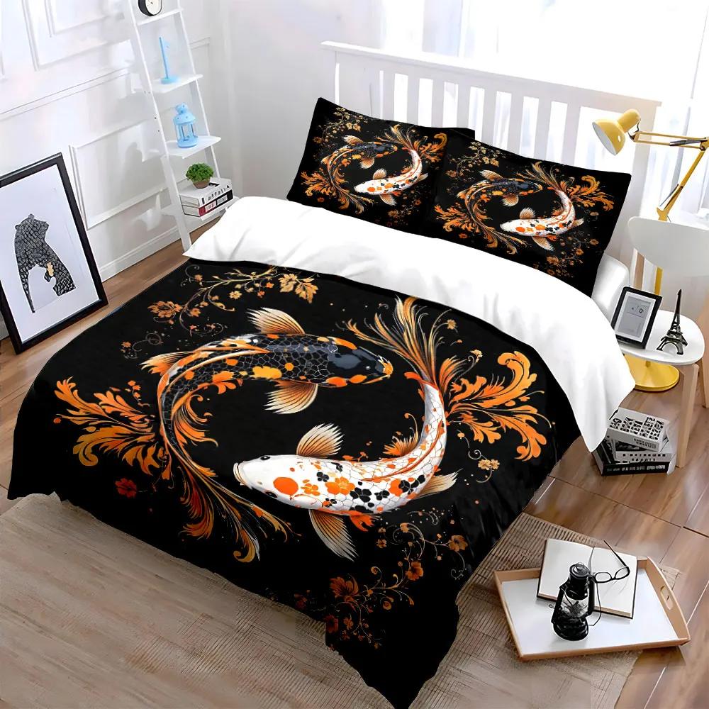 Koi Fish Decorative Art Set Soft Comfortable Duvet Cover Bedding Set Included 1*Duvet Cover & 2*Pillowcases gift