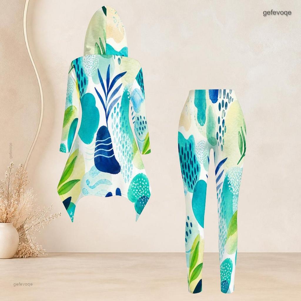 Women Plus Size Hooded Long Sleeve Printed High Low Top Fitted Pants Two Piece Set