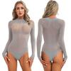 Women's Mesh Sheer Bodysuit Shapewear Long Sleeve Leotard High Cut Thong Jumpsuit Rompers