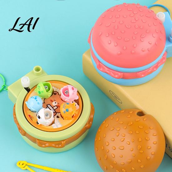 Kids Fishing Toy Hamburger Magnetic Keychain Rotatable Board Game with Keyring Keyring Backpack Handbag Schoolbag Charm Keychain Pendant Portable