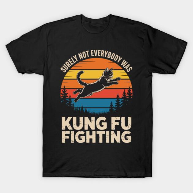 Asian Size Men Black Print T-shirt Funny Cat // Surely Not Everyone Was Kung Fu Fighting No-Cut Print Cotton Tshirt