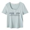 Fat mm letter printing splicing lace short-sleeved women's summer new U-neck thin cool top 242459