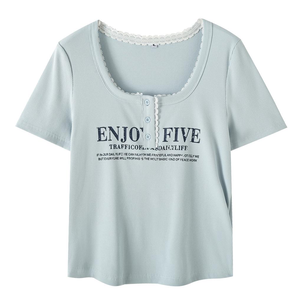 Fat mm letter printing splicing lace short-sleeved women's summer new U-neck thin cool top 242459
