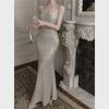 Elegant French Silver Sequin Fishtail Evening Dress