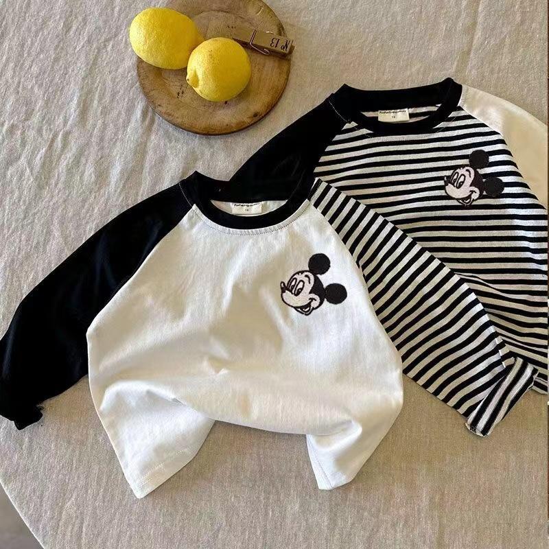 Kids Cotton Embroidered Raglan Stripe T Shirt Boys Girls Korean Casual Base Layer Top
