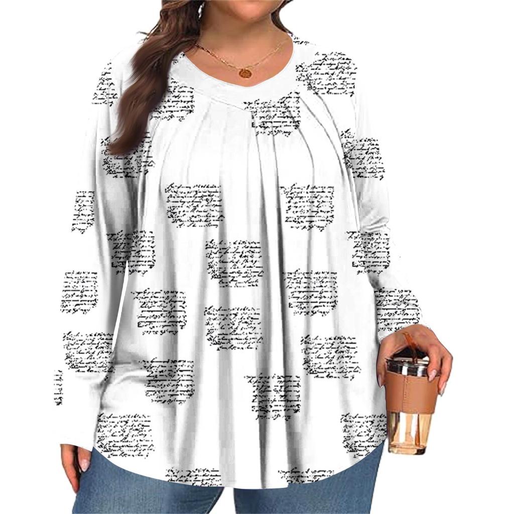 Women's Plus Size Fashion Printed Casual Pleated Round Neck Long Sleeve Top