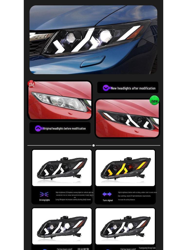 Светодиодная фара в сборе для Honda Civic 9-го поколения (2012-2015) со светодиодными ДХО в стиле Lamborghini и динамическими поворотниками