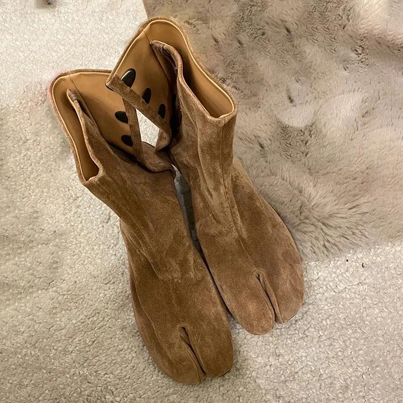 Кожаные полусапожки с раздвоенным носком, женские однопедальные ботинки Chelsea Vintage на среднем каблуке, ботинки Martin на широком каблуке