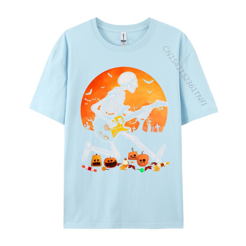 Скелет Играет на Бас-гитаре Футболка на Хэллоуин Обычная Осень Ретро Смешная Чистый Хлопок Camisa Мужские Футболки Смешная Одежда