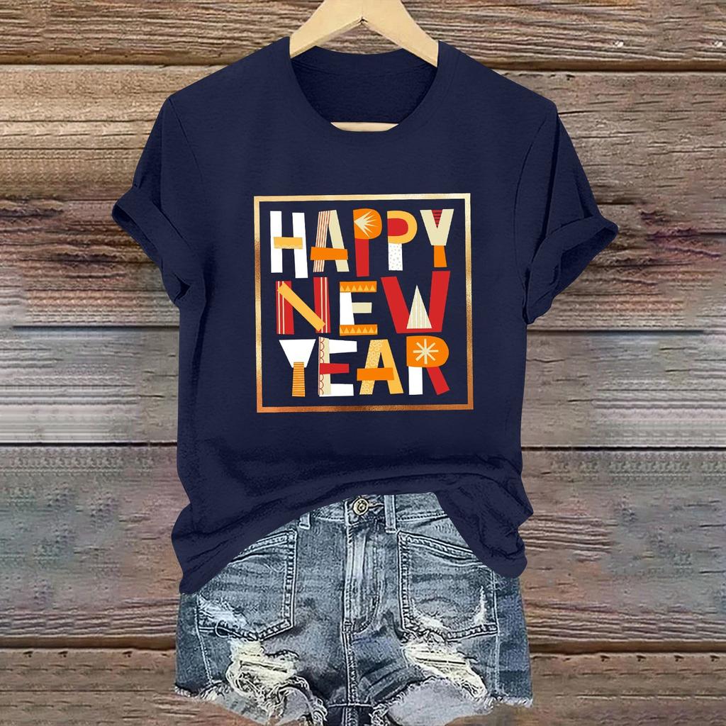 Ladies Casual 2025 New Year Printed Round Neck Short Sleeve T-Shirt Top